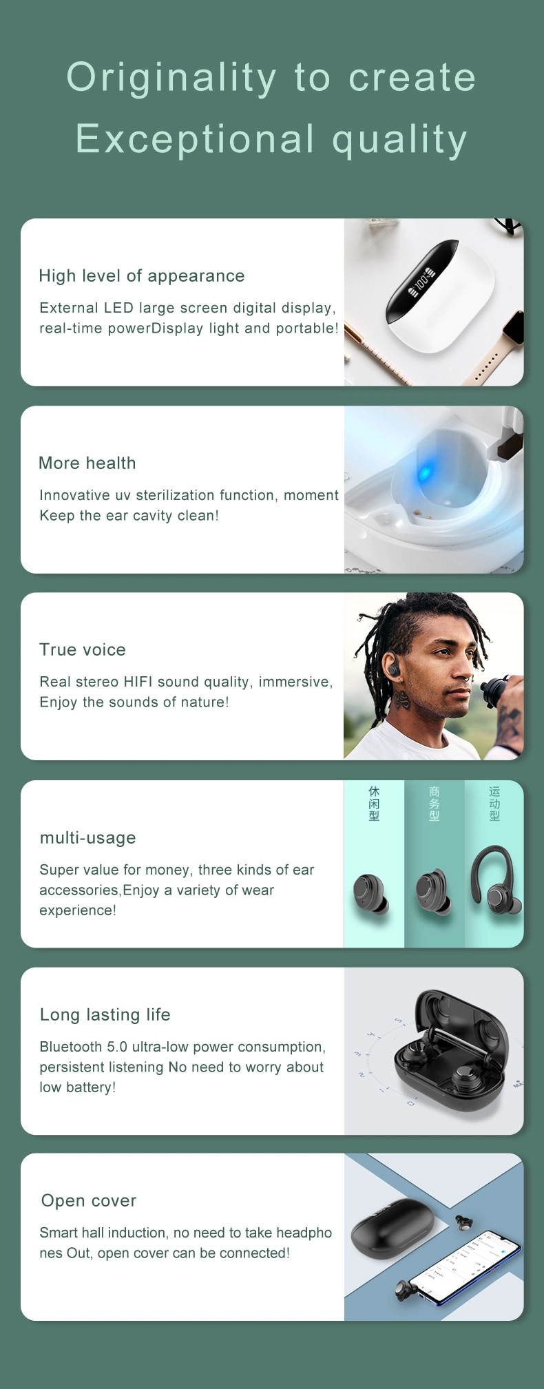 New 3in1 Waterproof Sports Tws Wireless Earbuds Earphone Headphones Bluetooth Headset with 3 Ear Rings and UV Sterilization Lamp