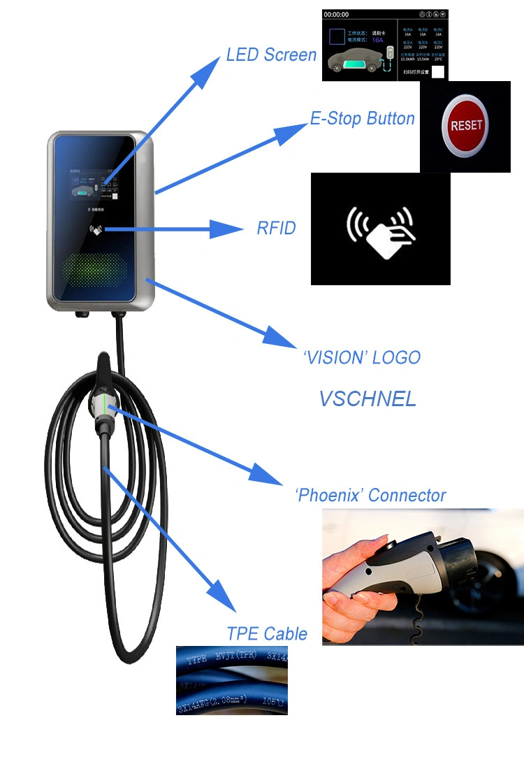 Wall-Mounted 7kw 11kw 22kw EV Charger, Plug Can Be Type 1/Type 2, Support for Setting Charging Duration and Current Size on Mobile Phones