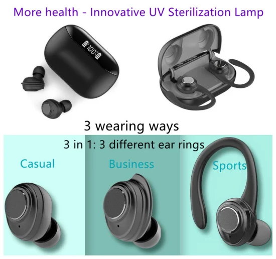 Nuevos auriculares inalámbricos Tws deportivos impermeables 3 en 1, auriculares Bluetooth con 3 anillos para los oídos y lámpara de esterilización UV